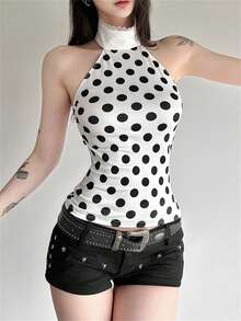 Áo tank top cổ yếm chấm bi Kliou mùa hè phong cách Y2K dành cho nữ, kiểu dáng gợi cảm, hở lưng, không tay, thích hợp mặc đi biển hoặc đi club. - màu đen - Xem 8