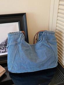 Túi đeo vai denim dáng casual dành cho nữ, túi tote tối giản dung tích lớn, phù hợp cho công việc, đi làm, du lịch, nghỉ mát, đi học. - Màu xanh lam - Xem 5