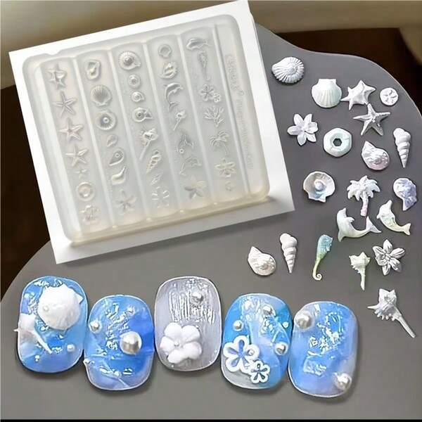 Khuôn silicon 3D hình vỏ sò và ngôi sao chủ đề đại dương, thích hợp cho việc tự làm móng tại nhà ở tiệm nail. Phù hợp cho các tiệm nail chuyên nghiệp và các dụng cụ làm móng nghệ thuật.