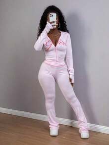Women's Casual Graphic Print "Girl" Zip-Up Hoodie And Pants Set, Street Style Sporty Long Sleeve 2-Piece Outfit, Suitable For Party And Gathering Wear, Autumn - 粉色 - 查看 5