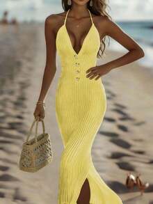 Women's Fashionable Elegant Casual Vacation Solid Color V-Neck Backless Sleeveless Maxi Knit Dress, Suitable For Wedding Guest, Summer Spring - Màu xanh lam - Xem 10