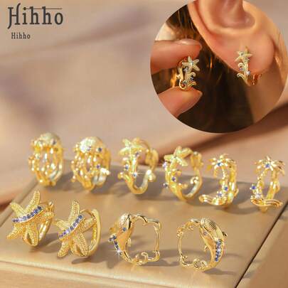 Hihho 1 par de aretes de aro y de botón con diseños de medusa, estrella de mar, tortuga marina, palmera y delfín, con circonita cúbica de colores, un regalo versátil con temática oceánica para ella