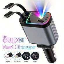 Fast Charging Mobile Car Charger 65W 4-In-1 Retractable Car Charger With Star Projector Color Breathing Light Includes Lightning/TypeC Fast Car Charger 2 USB Ports Compatible With IPhone 17/16/15/14/13/12/11 Compatible With Samsung For IOS/Android Devices Compact & Portable Design Birthday Gift Christmas Gift Xmas Gift New Year 2026 Spring Party Gift - one-size - View 1