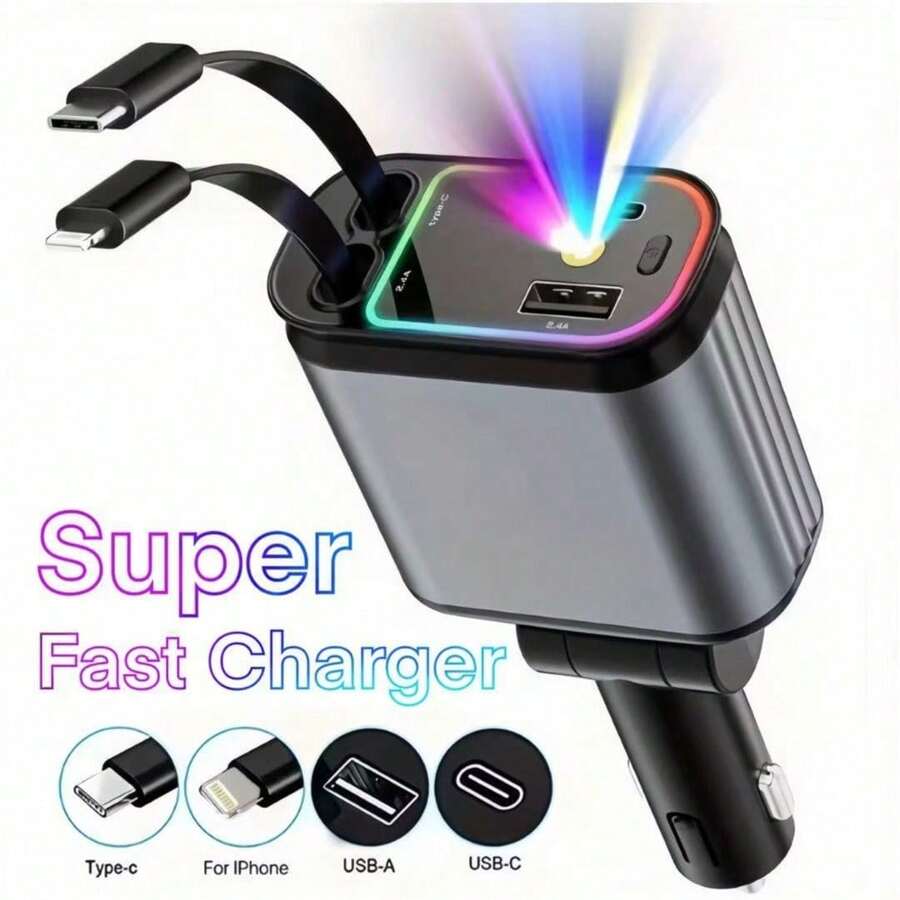 Fast Charging Mobile Car Charger 65W 4-In-1 Retractable Car Charger With Star Projector Color Breathing Light Includes Lightning/TypeC Fast Car Charger 2 USB Ports Compatible With IPhone 17/16/15/14/13/12/11 Compatible With Samsung For IOS/Android Devices Compact & Portable Design Birthday Gift Christmas Gift Xmas Gift New Year 2026 Spring Party Gift - one-size - View 1