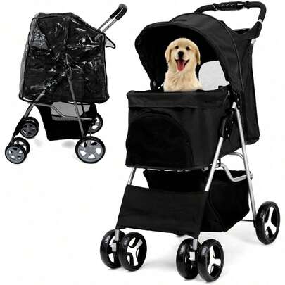 Dog Stroller With Rain Cover, Pet Pram For Small Medium Dogs, Dog Buggy With Storage Basket Cup Holder, Cats Dogs Pushchair, Foldable Pet Pram For Cats Puppies Dogs (Black With Rain Cover)