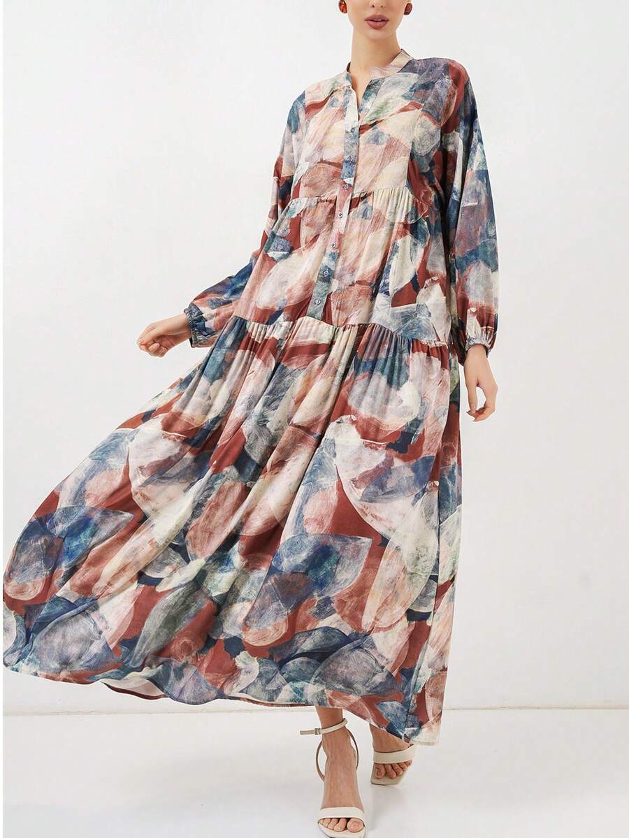 女士波西米亚风粉色碎花纽扣长袖A字连衣裙 - 亮橙色 - 查看 1