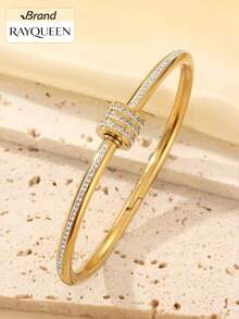 RAYQUEEN Fashionable Stainless Steel Versatile Four-Leaf Clover Rhinestone Stackable Bracelet Set, Suitable For Daily Wear And Gift Giving - Yellow Gold - View 3