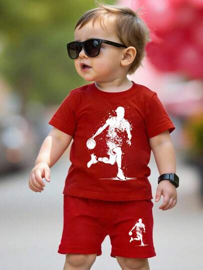 Baby Boy Round Neck Silhouette Print Short Sleeve T-Shirt And Shorts Casual Daily Outfit