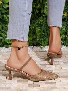 优雅刺绣网纱高跟穆勒鞋，尖头单带女鞋，派对/宴会/通勤凉鞋 - 棕色 - 查看 6