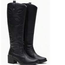 Women's Off-White Knee-High Boots, Rodeo Style, Boots With Embroidery, Casual Style - 黑色 - 查看 5