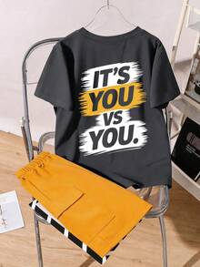2pcs/Set Boys' Casual Letter Graphic Short Sleeve T-Shirt And Shorts Set, Suitable For Summer Wear - Grey - View 2