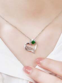 1pc Women's Cubic Zirconia Pendant Necklace, Suitable As Mother's Day Gift, Anniversary Celebration, Party Wear - Silver+Green - View 3