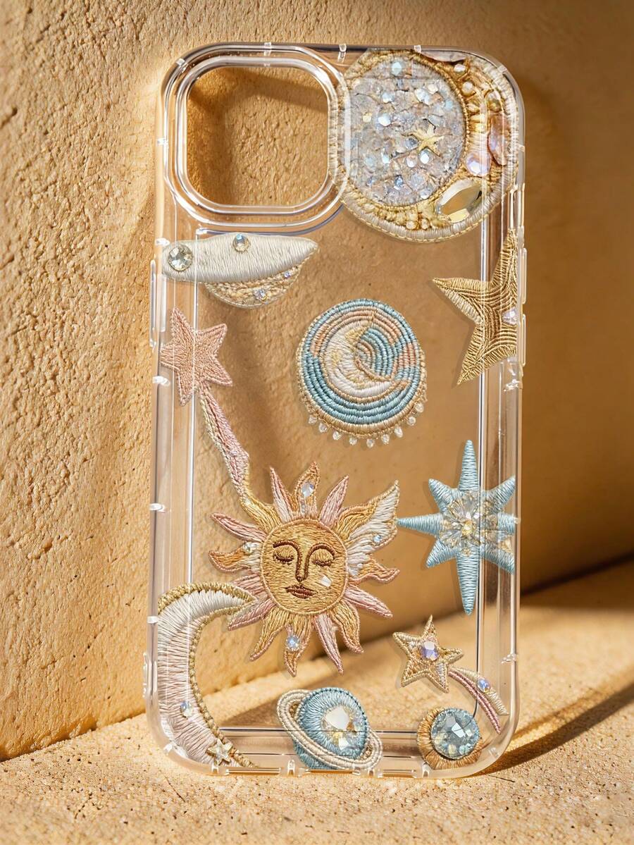 1件復古星空、月亮與宇宙圖案防滑透明氣囊軟手機殼,適用於 iPhone 11/12/13/14/15/16/17 Pro Max - 彩色 - 查看 1