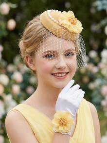 Set de 2 piezas: Sombrero fascinador con lazo de tul amarillo y cristales + Guantes con lazo para niñas y adolescentes, Set de 2 piezas: Minisom brero de tul beige, Accesorios para fotografía de boda, Decoración de boda, Accesorios para fotomatón de fiesta, Accesorios de boda, Corona floral, Corsage de muñeca, Conjunto para padres e hijos - Amarillo - Ver 6
