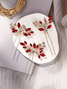 3pcs Vintage Luxury Crystal Red Diamond Leaf Gold Hair Clip Set, Romantic Wedding Party Hair Accessory - Red - View 8