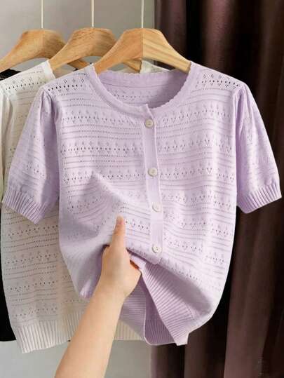 GIGOGOU Women's Breathable Knit Cardigan T-Shirt, Fashionable Short Sleeve Top, Spring/Summer