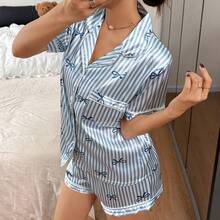 Dreamivo Bow Tie & Striped Print Short Sleeve Shorts Pajama Set For Women - Baby Blue - View 6