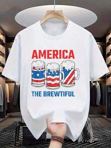 America The Brewtiful Funny July 4th American Flag Patriotic T-Shirt - 100% Cotton Graphic Tees Men, Summer Casual Short Sleeved Men's T-Shirt, Printed Graphic Tee For Sport Lovers - 彩色 - 查看 6