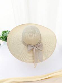 1 Pc Solid Color Casual Elegant Bohemian Straw Bow Wide Brim Round Top Sun Hat, UV Protection, Wind Proof, Decorative Strap, Fashionable, Versatile, Suitable For Commuting And Vacation, All Seasons - Round Straw Hat - View 38