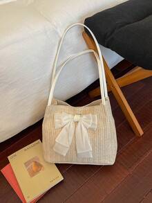 Solid Color PU Leather Bow Decor Lightweight Fashionable Women's Large Capacity Shoulder Bag, Elegant Lady Handbag - White - View 7