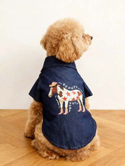 LUCKIE PAL 一件美式星马印花仿牛仔布狗狗衬衫，适合吉娃娃及小型犬，原创设计宠物服装，室内外皆宜