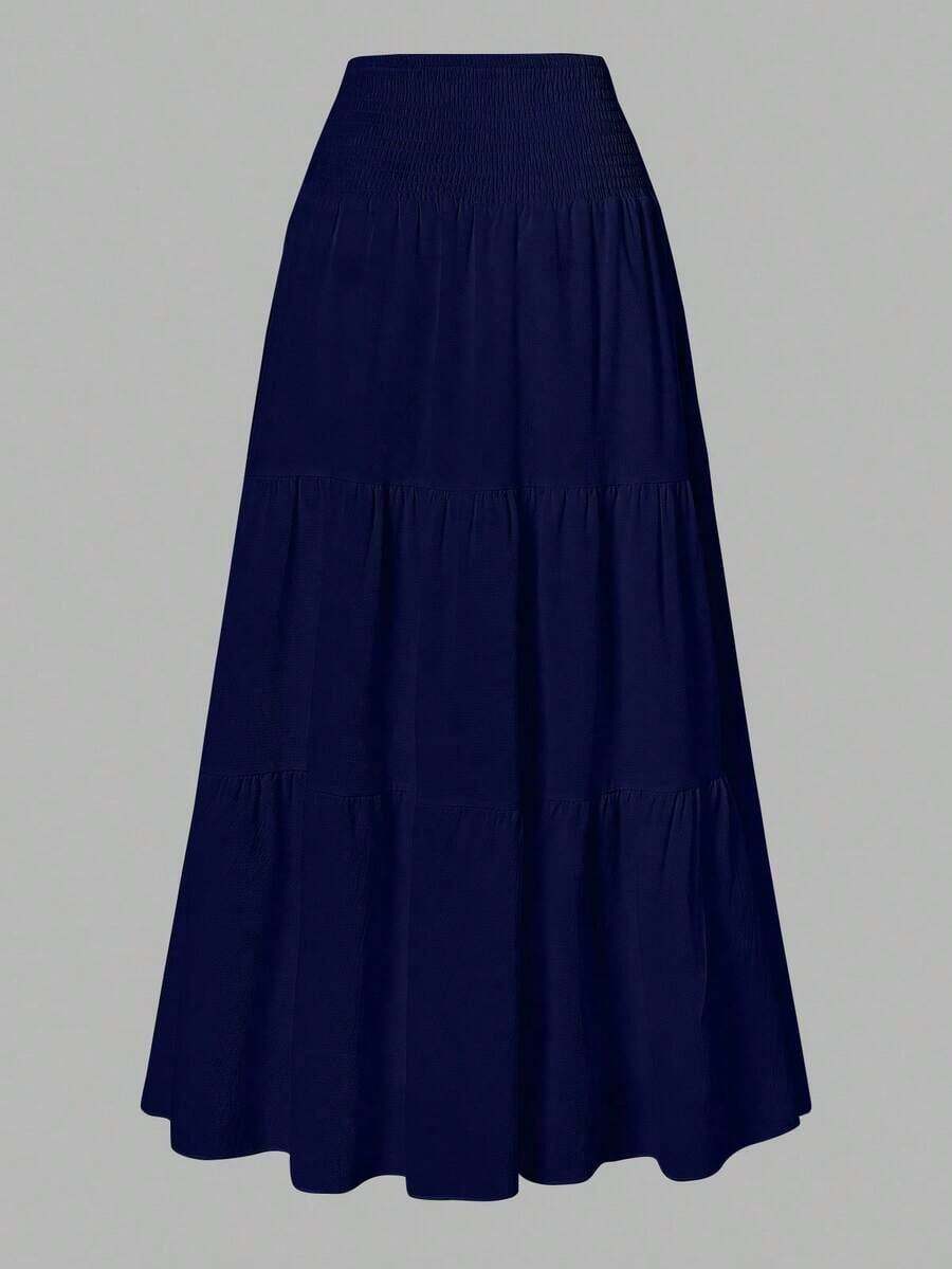 Falda de verano de unicolor, minimalista y versátil con volantes, efecto arrugado y semi-transparente - Azul marino - Ver 1