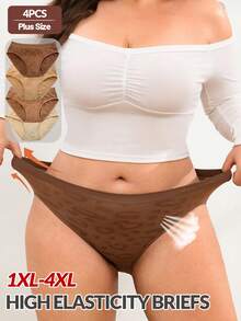 4Pcs Women's Seamless Pants Plus Size Briefs Mid Waist Leopard Print Briefs Women's Briefs Maillard Color Scheme High Elasticity Panty Woman Lingerie - Multicolor - View 1