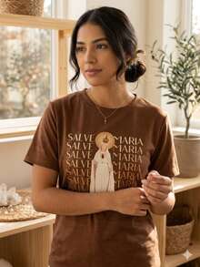 Basic Brown Shirt With The Image Of Our Lady Of The Salve Maria, Religious Image. - Rỉ Nâu - Xem 2