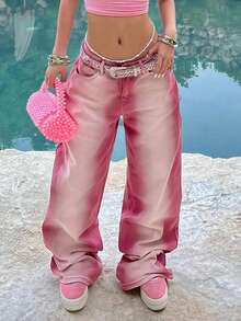 Plus Size Washed Pink Denim Wide Leg Long Pants, Non-Stretch Casual Cropped Denim Jeans, Y2K Style Women's Loose Fit Pants For Daily Wear - Red Violet - View 3