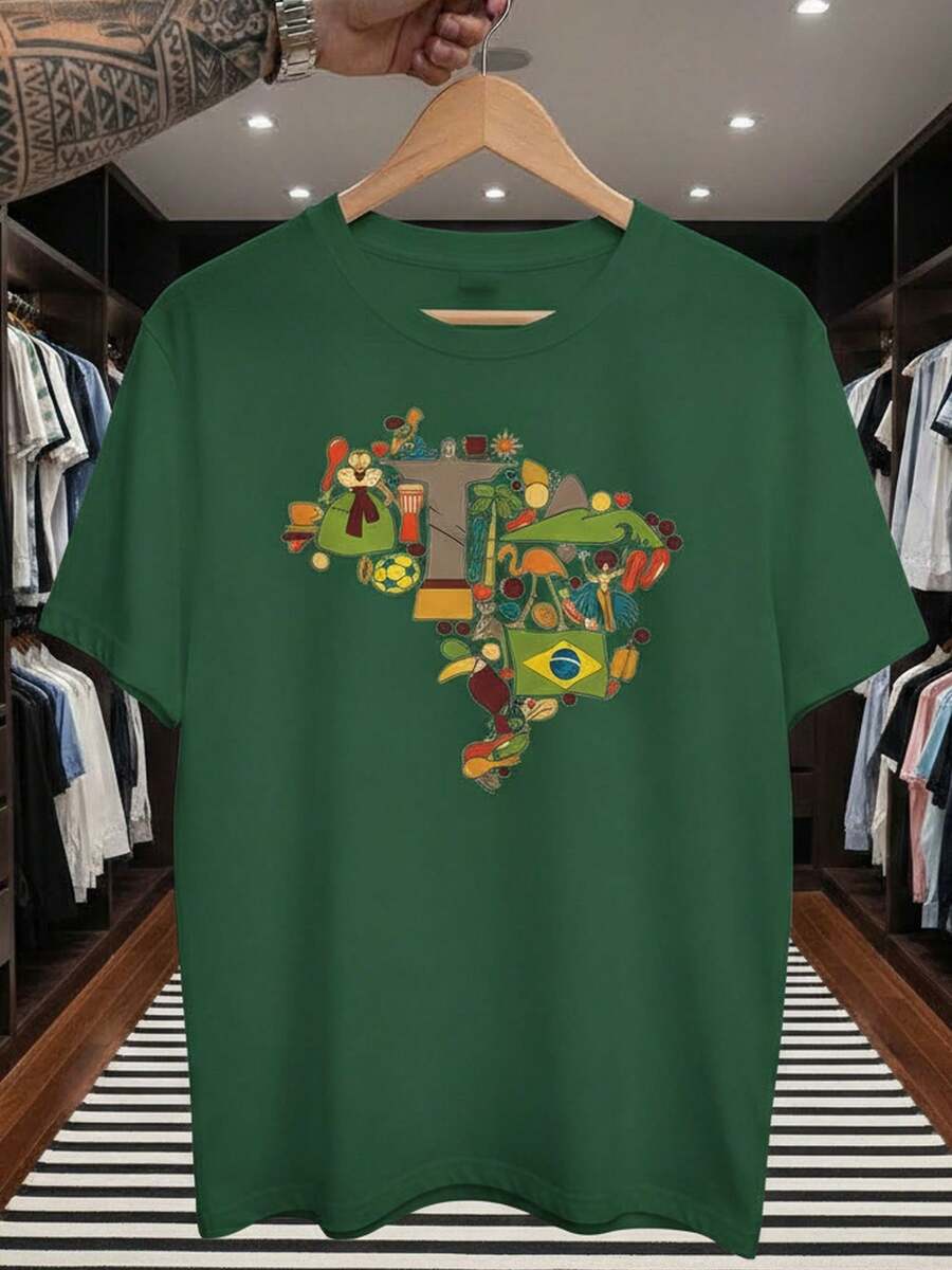 Stylish Unisex T-Shirt Supporting The Brazilian National Football Team, Short Sleeve, Men's And Women's, 100% Cotton, Casual, Crew Neck - 綠色 - 查看 1