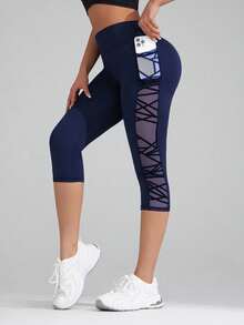 Quần yoga lửng 7/8 phối lưới mới về, có túi, quần legging thể thao nữ. - Màu xanh hải quân - Xem 1