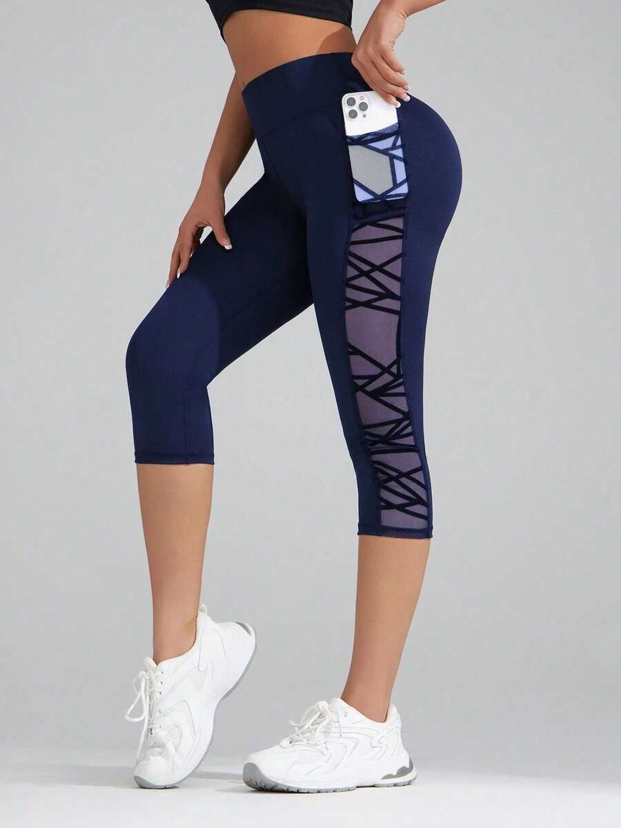Quần yoga lửng 7/8 phối lưới mới về, có túi, quần legging thể thao nữ. - Màu xanh hải quân - Xem 1