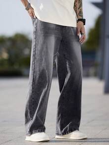 1pc Justice Brother Casual High Street Washed Snowflake Gray Loose Fit Wide Leg Jeans Pants For Men (Belt And Accessories Not Included) - Grey - View 3