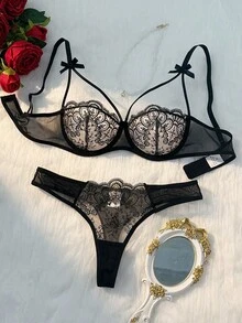 2件装女士经典黑色蝴蝶结刺绣半透明文胸，带可调节肩带 - 黑色 - 查看 1