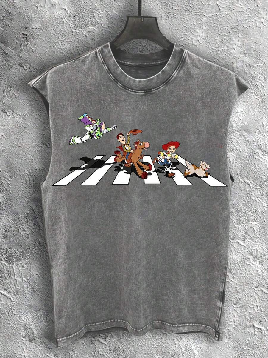 Disney Vintage Washed  Abbey Road Creative Print Sleeveless Tank Top - 灰色 - 查看 1