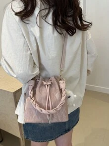 Bolso de cubo mini con cordón para mujer, bolso de hombro acolchado casual para exteriores - Rosa - Ver 4