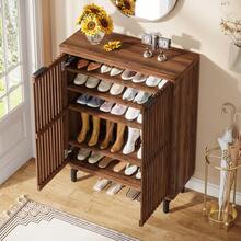 LITTLE TREE 29.53" 6-Tier Shoe Cabinet With Shutter Doors For Small Spaces,Retro Freestanding Shoe Organizer With Adjustable Shelves, Space-Saving Shoe Rack For Entryway Hallway Closet Apartment,Black&Dark Walnut - Dark Walnut - 查看 10