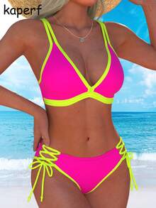 Double Strap V-Neck Neon Color Block Side Tie Bikini Top & Bottoms 2 Piece Swimsuit - Nhiều màu - Xem 4