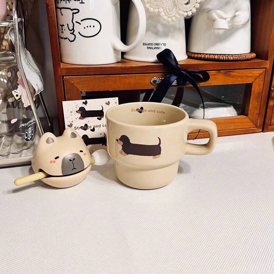 1个原创腊肠犬图案陶瓷咖啡杯，手绘卡通设计早餐杯礼品 - 香檳色 - 查看 1