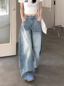 Women's Wide-Leg Denim Pants, New Arrival, High Waist, Draped Silhouette, Curved Fit, Denim, Spring Clothing, Trousers. - Retro Blue - View 8