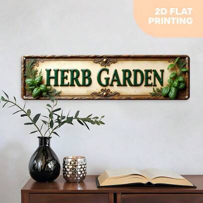 2D Flat, 1pc Metal Herb Garden Sign - Large Vintage Green Herb Plant Wall Decor With Herb Name (English Text) - Farmhouse, Cafe, Bar, Home Decor - Plaque, Suitable For Herb Lover Gift (16"X4"/40x10cm), 2D Flat