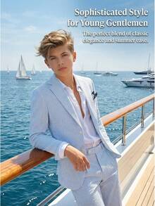 Boys Seersucker Suit 2 Piece Tuxedo Striped Blazer & Pants Summer Beach Wedding Formal Outfit - Navy Blue - View 5