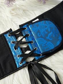 Gothic Style Blue Corset Belt, Layering Design With Back Tie, Retro Jacquard Texture, Boned Shaping, Essential For Dates And Outings - Black and Blue - View 5