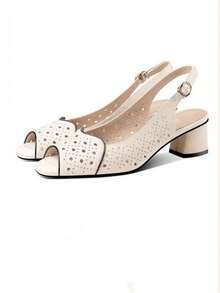 Women's Rhinestone High Heel Sandals, Fashionable Buckle Strap Sandals, Comfortable Chunky Heel High Heel Sandals - Beige - View 6