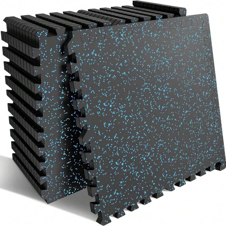 ShiningLove 12 Tiles/24Tiles High-Density EVA Foam Gym Floor Mats 48 Sq Ft/96 Sq Ft – 0.56" Thick, Waterproof Non-Slip Interlocking Tiles For Home Gym & Garage - 黑/藍 12 塊磁磚 - 查看 1