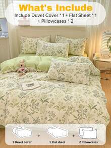 4pcs/Set, Fresh Leaf Pattern Duvet Cover Set, Machine Washable, Soft & Comfortable Fiber Double-Layer Gauze Texture Bedding, Healing Bedroom Atmosphere For Rental Renovation (1 Duvet Cover + 1 Bed Sheet + 2 Pillowcases, Pillow Cover Pattern Randomly Cut) - Xanh nhạt - Xem 4