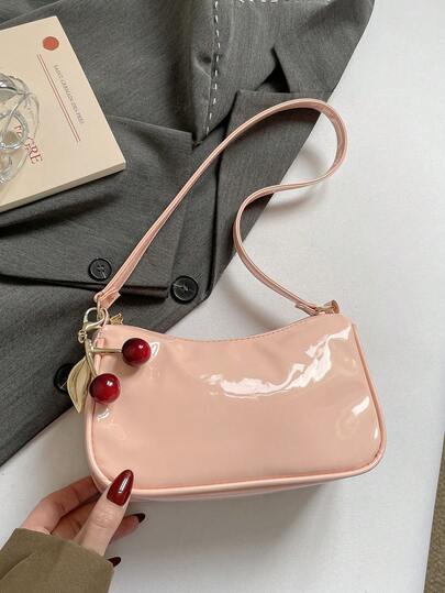 新款亮面纯色单肩包，时尚百搭复古简约风格女士单肩包/手提包，方形，拉链封口，配有可爱樱桃吊坠，适合工作通勤、购物、外出、约会、短途旅行，也是送给朋友的绝佳礼物。