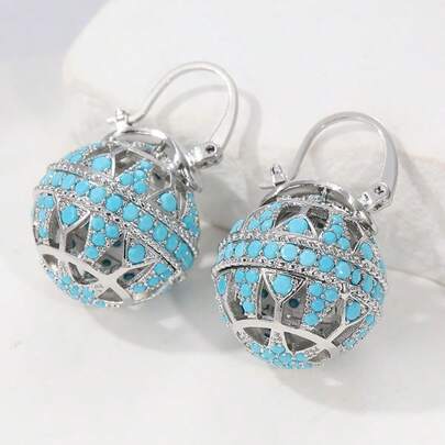 1 Pair Copper Hollow Ball Design Earrings, Handcrafted With Inlaid Multi-Color Synthetic Turquoise Decor, CZ Leverback, Silver-Tone
