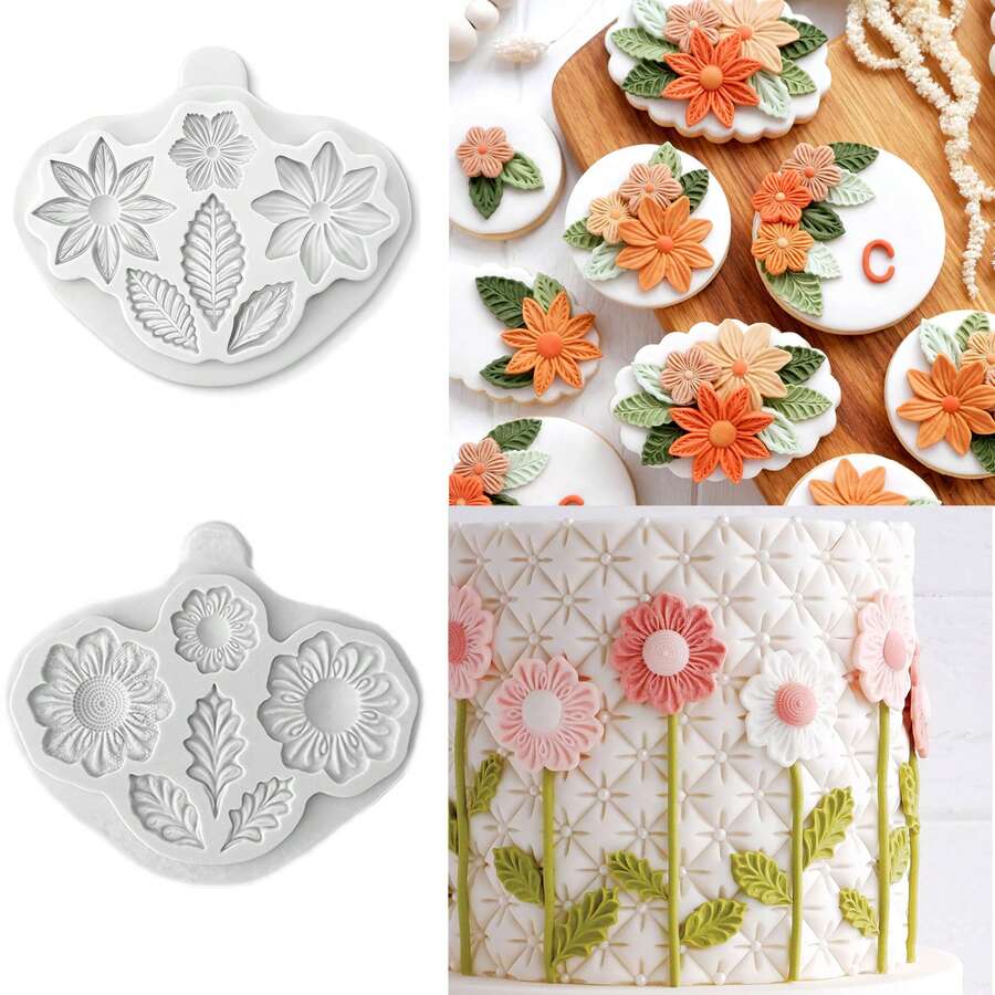 1 khuôn silicon hình hoa tròn, hoa nhọn và lá, dụng cụ trang trí bánh fondant, khuôn silicon, khuôn làm kẹo, cupcake, sô cô la, phụ kiện nhà bếp, dụng cụ làm bánh. - Xem 1