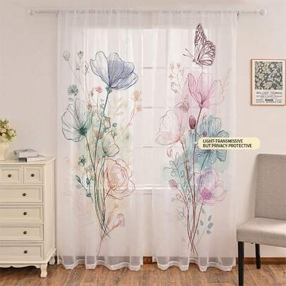 2片装，多色，素描风格花卉蝴蝶图案，现代简约风格，印花薄纱窗帘，100%涤纶面料，杆袋式印花薄纱窗帘（2片），无衬里，90克/平方米，每片宽180厘米，适用于卧室、客厅、餐厅、浴室和户外等场所。
